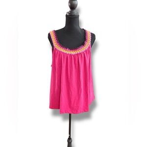 Tribal Pink Sleeveless Blouse with Colorful Crochet Trim